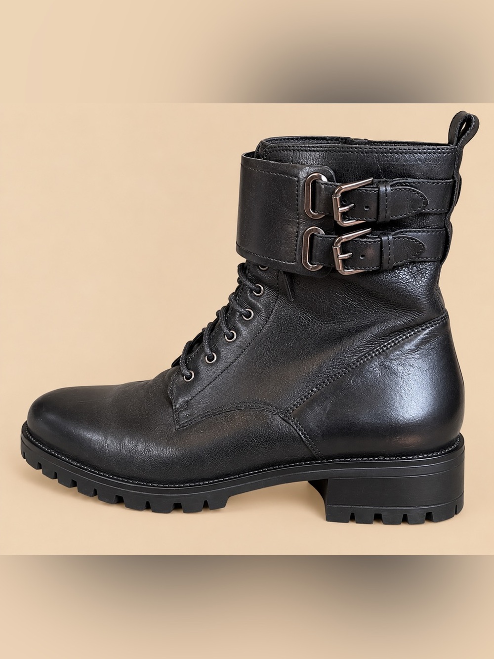 Clarks Palazzo Black Leather Lace Up Side Zip Combat Boots 10